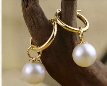 

001 10-11mm natural round south sea white pearl dangle earrings 14KG