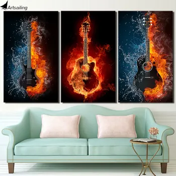 

ArtSailing 3 panel Canvas wall art canvas Burning Flame Game Music Guitar modern home decorative large painting Posters NY-6754D