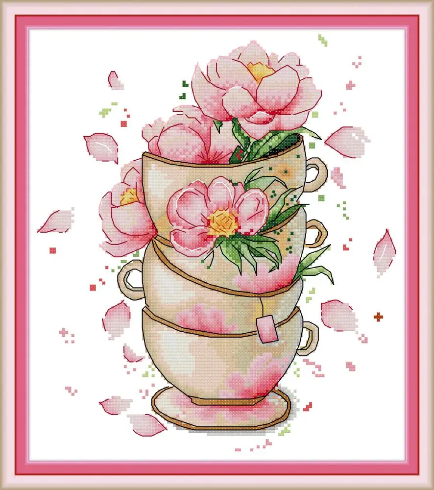 

Flower on coffee cup cross stitch kit aida 14ct 11ct count print canvas cross stitches needlework embroidery DIY handmade
