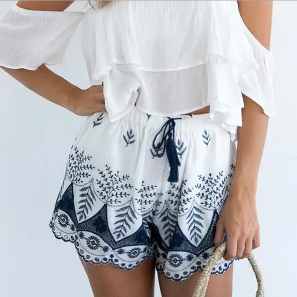Вышивка высокой талией шорты женщины Свободные кисточкой drawstring пляж fringe Boho лето
