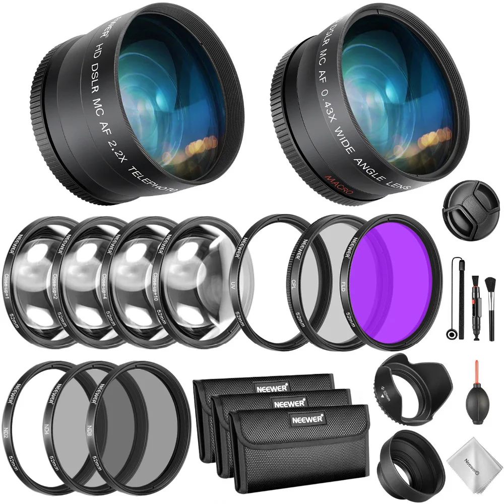

Neewer 52mm Lens and Filter Bundle: Wide Angle Lens, Telephoto Lens and Filter Set(Macro, ND, UV, CPL, FLD) for Nikon D3300 D320
