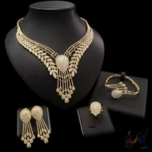 2017 big feather necklace jewelry set Dubai gold color voluble jewellery sets women hotsale rhinestone jewellery sets