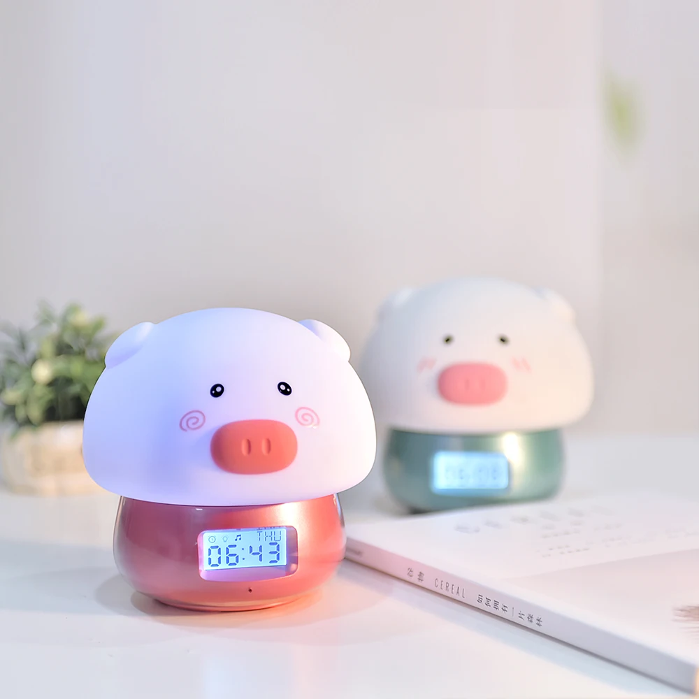3 in 1 Pig LED Night Light with Alarm Clock Recorder Remote Touch Sensor Colorful USB Silicone Children Kids Baby Bedside Lamp (24)