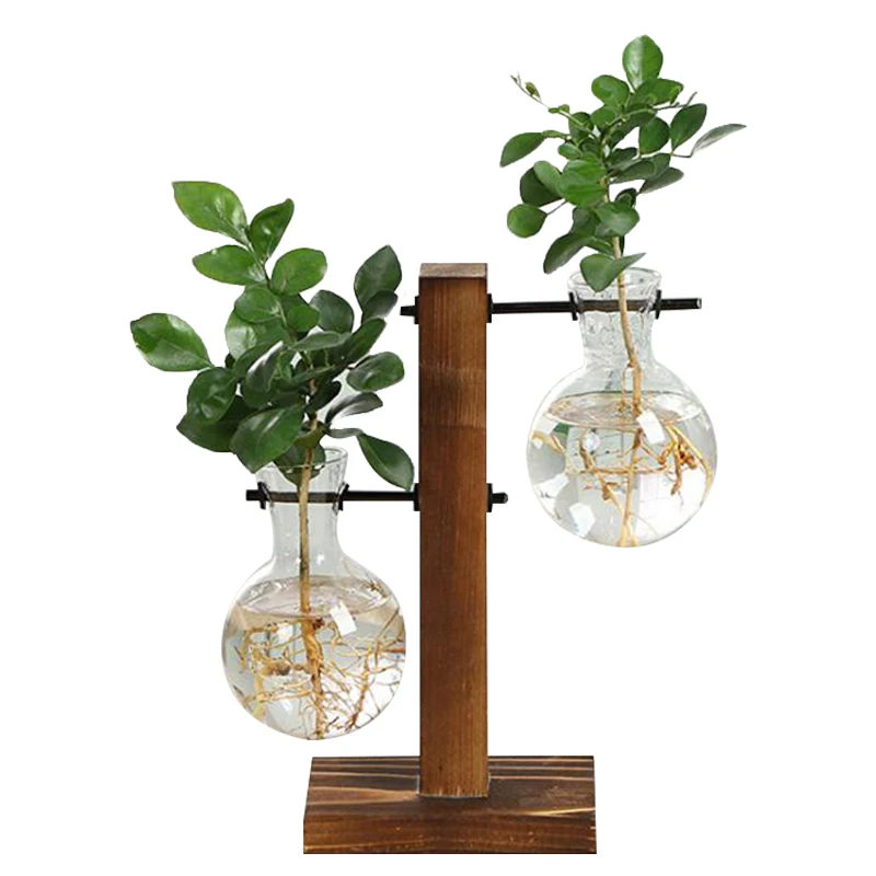 

Vintage Style Glass Desktop Plant Bonsai Flower Christmas Decoration Vase with Wooden L / T Shape Tray Home Decor Accessories 2