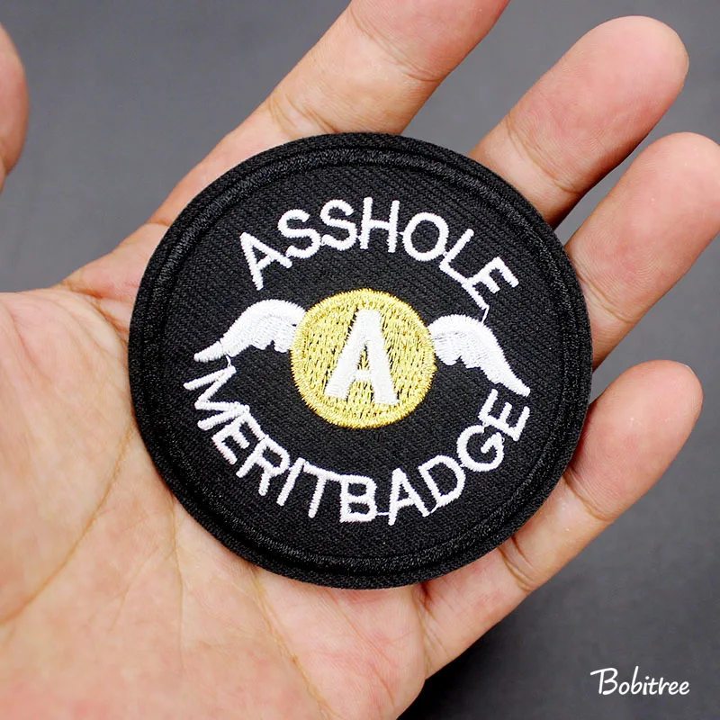 

Black Circular Embroidered Patches iron on Labels Asshole Merit Badge Applique for Jacket Jeans Shoes Backpack