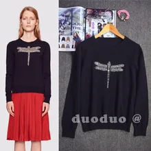 Роскошный бренд весенний Повседневный свитер женский вышивка ручной работы бисером Стрекоза пуловер с длинным рукавом черный наряд