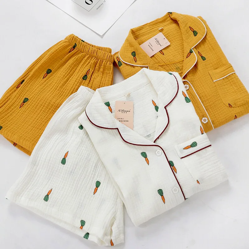 Women Pajamas Set Summer Comfort Gauze Cotton Turn-down Collar Sleepwear Set Ladies Thin Loose Cartoon Carrot Printed Homewear women pajamas set women pajama suit cotton pajamas set