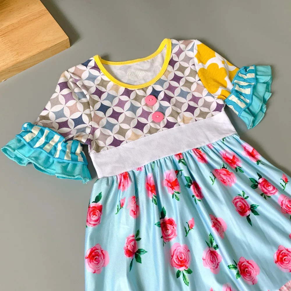 Pink flower princess dress geometry Ruffle Baby Girls Flare Sleeve Dress for present