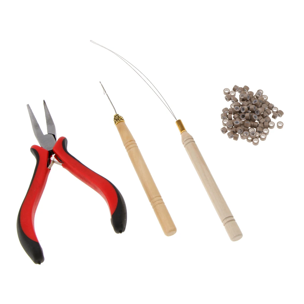 Professional Hair Extensions Pliers Hook Tool Kit  with 100pcs Silicone Micro Rings Loop 3mm