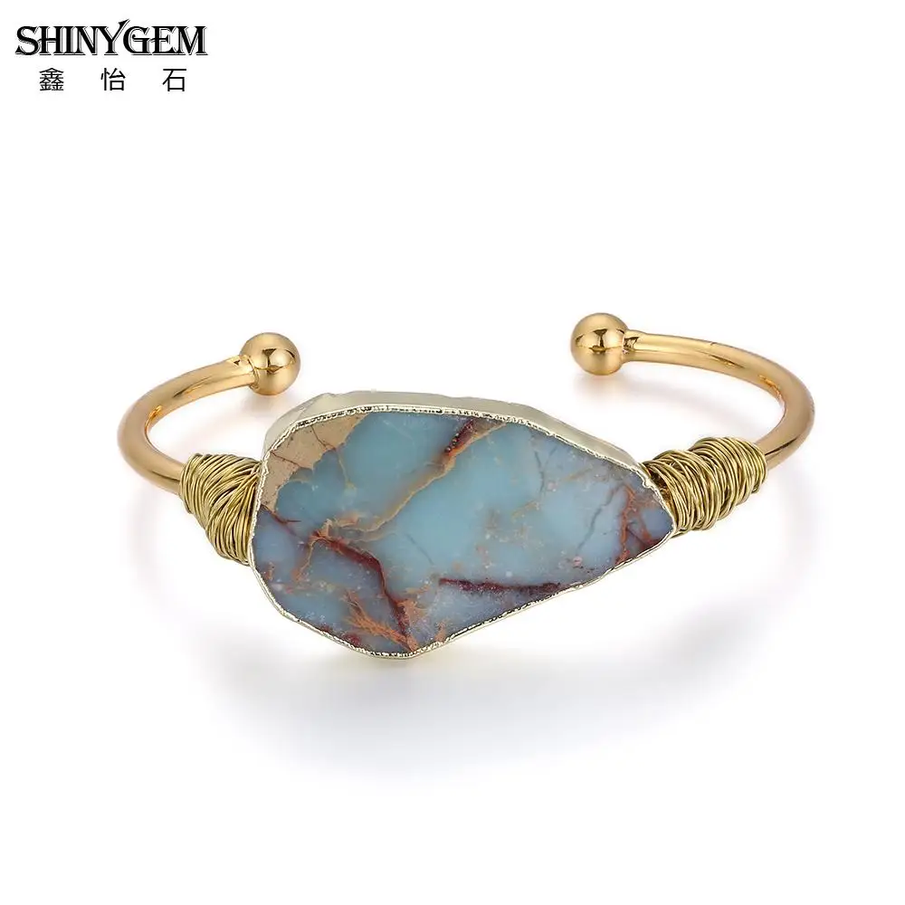 ShinyGem богемные неровные браслеты из яшмы и браслеты с натуральным драгоценным камнем ручной работы, золотой браслет для женщин - Окраска металла: Pale Blue