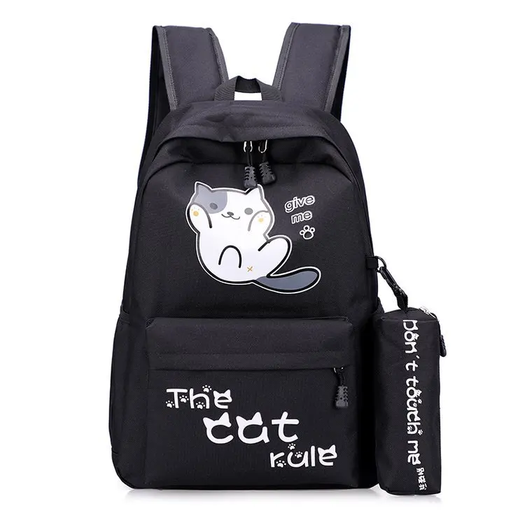 Милый рюкзак для девочек с котом, школьные сумки для подростков, Одноцветный нейлоновый рюкзак для студентов, женский большой повседневный рюкзак Mochila - Цвет: black