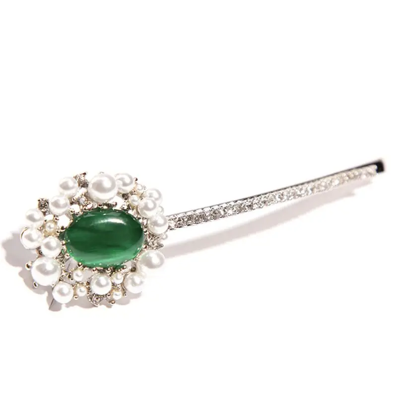 

Luxury Banquet Party Ponytail Hair Clip Ladies Vintage Faux Emerald Diamond Imitation Pearl Hairpins Heroides Dancing Barrettes