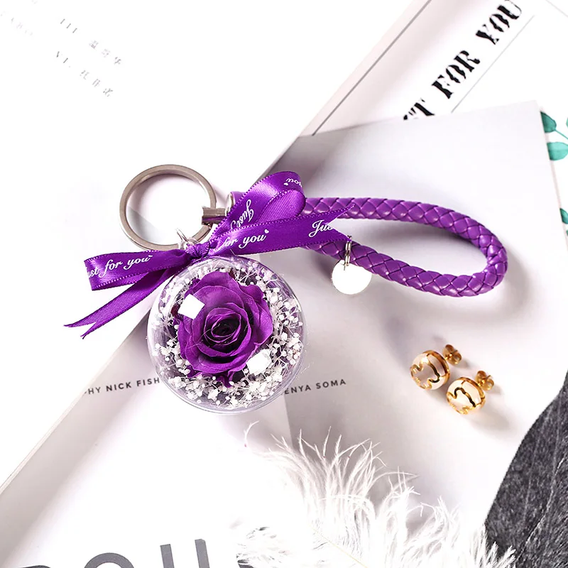Новинка, красивая и чудовищная Роза в стеклянном куполе, светодиодный светильник, украшение для дома на День святого Валентина, рождественские подарки - Цвет: Purple Keychain