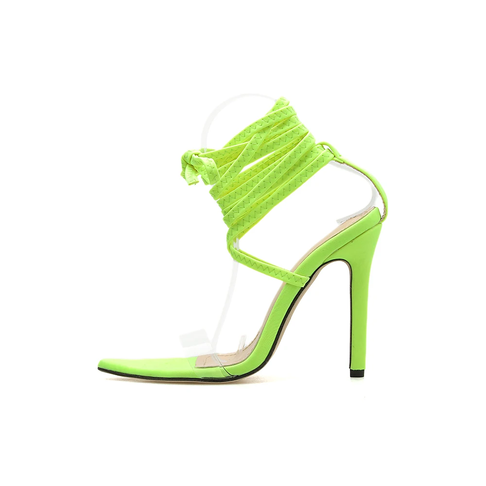 JINJOE Shoes Women Cross-tied Sandals Rome Heels Sexy pumps Stiletto Gladiator Fluorescent green pink Plus large size 43 Nylon