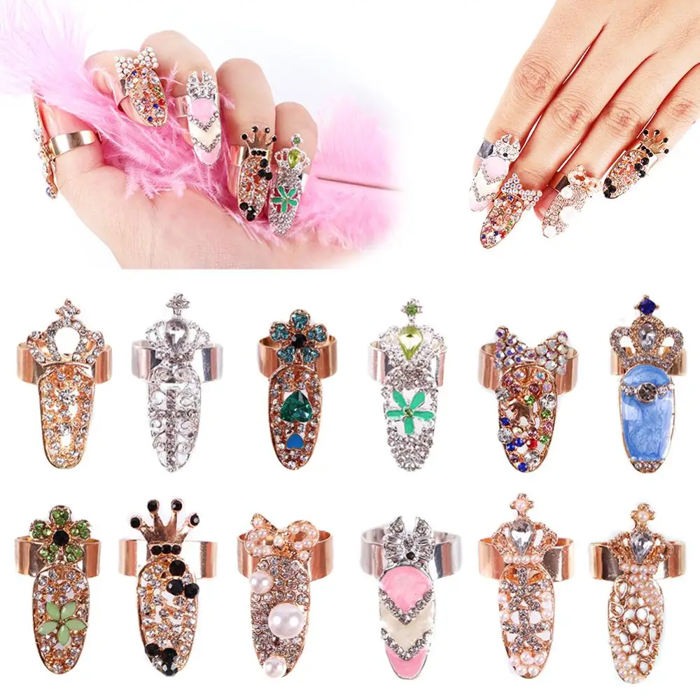 Jewelry Bowknot Nail Ring Fashion Charm Crown Flower Crystal Finger Rings For Women Lady Rhinestone Fingernail Protective | Украшения и