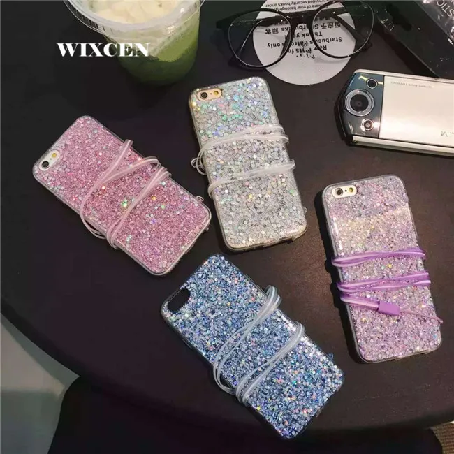 

Wixcen Luxury Sequins Glitter Case for IPhone 7 7plus 6 6s 6plus 8 X Pink Purple Shiny TPU Silicone Case back cover strap