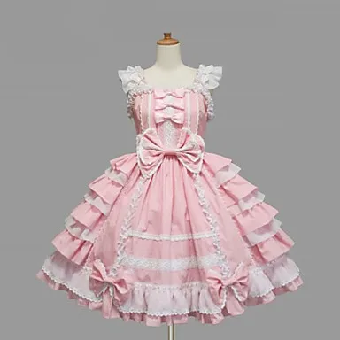 Abito Lolita dolce in pizzo bianco di cotone rosa al ginocchio senza maniche