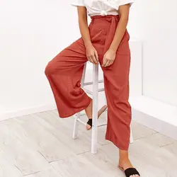 Широкие брюки с высокой талией женские брюки с завязками на талии тонкие свободные брюки женские 2019 Летние повседневные однотонные брюки