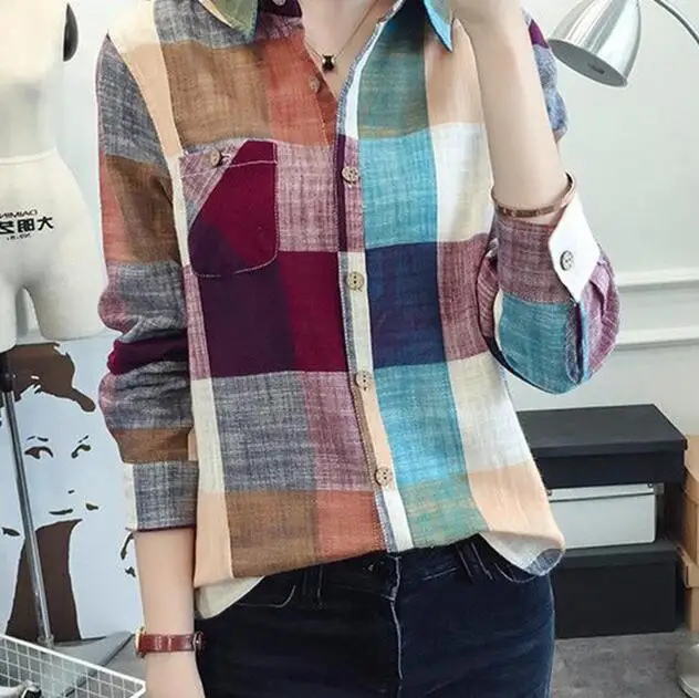 Blusa feminina Женская Повседневная хлопковая клетчатая рубашка с длинными рукавами Женская приталенная блуза, топы женские блузки