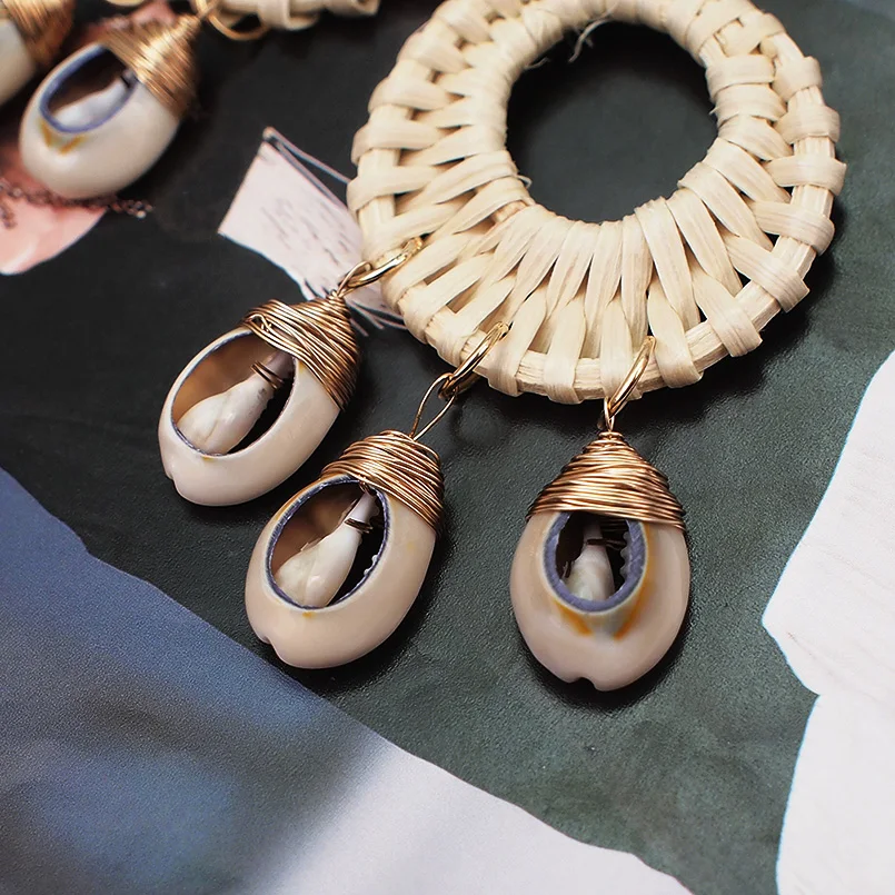 MANILAI Bohemia Straw Rattan Knit Shell Dangle Earrings For Women Big Circular Pendant Statement Earrings Fashion Jewelry 2019