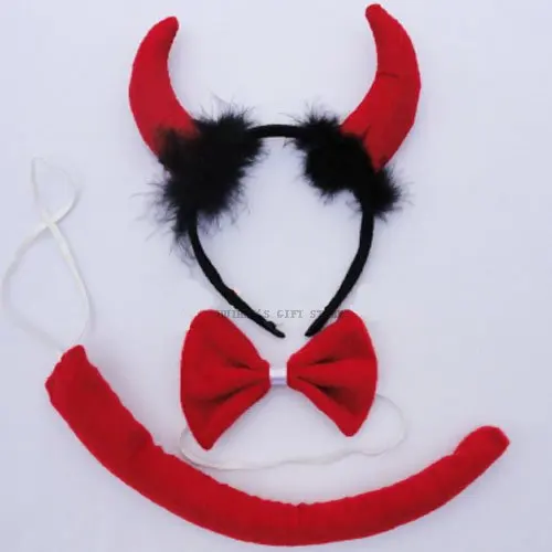 Красный ободок с рогами дьявола комплект(повязка на голову, галстук-бабочка, хвост), Хэллоуин ободок для вечеринки