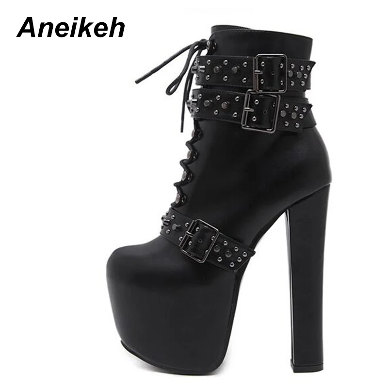 

Aneikeh New 16CM High Heeled Boots Rivets Motorcycle Women Boots Sexy Fashion High Heel Ankle Women Boots Size 34- 40 Black