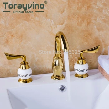 

Torayvino Polished Golden Unique Design Waterfall Bathtub Basin Sink Deck Mounted Brass Double Handles Tap Mixer Faucet 98010