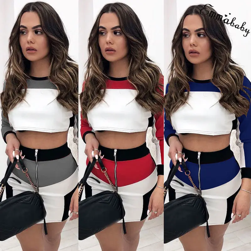 

Round Collar Long Sleeve 2 Piece Set Women Color Patchwork Top and Zipper Pencil Skirt Ladies Elegant Hot Style Twopiece