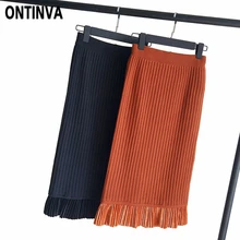 Новинка, зима-осень, вязаные юбки с велюровой отделкой для женщин, элегантные, высокая талия, эластичные, хаки, серый цвет, теплые, тонкие, миди, Jupe