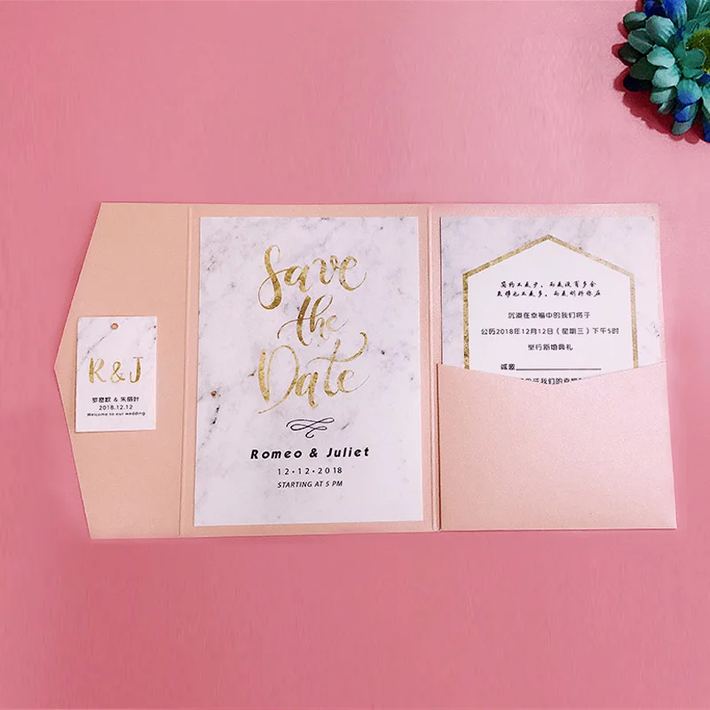  Pink Pocket Wedding Invitation Save the Date Customized Invitation Cards - Set of 50 - 32858557653
