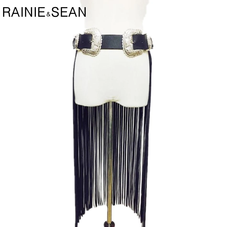 

RAINIE SEAN Leather Fringe Belt With Two Buckles Wide Cummerbund Women Long Tassels Pin Buckle Black Fashion Brand Ladies Belt