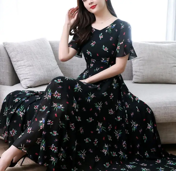 Bohemian Style Plus Size M-4XL V Collar Flower Printed Flare Sleeve High Quality Woman A Patterned Chiffon Long Dress | Женская одежда