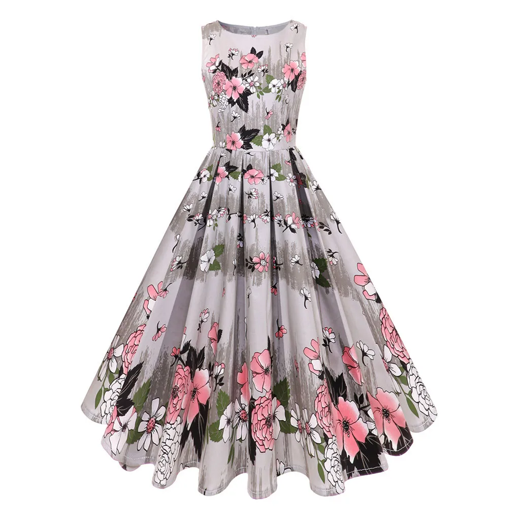 

feitong 2019 New Female Women Vintage 1950s Retro Sleeveless O Neck Print Evening Party Prom Swing DressVestido @122