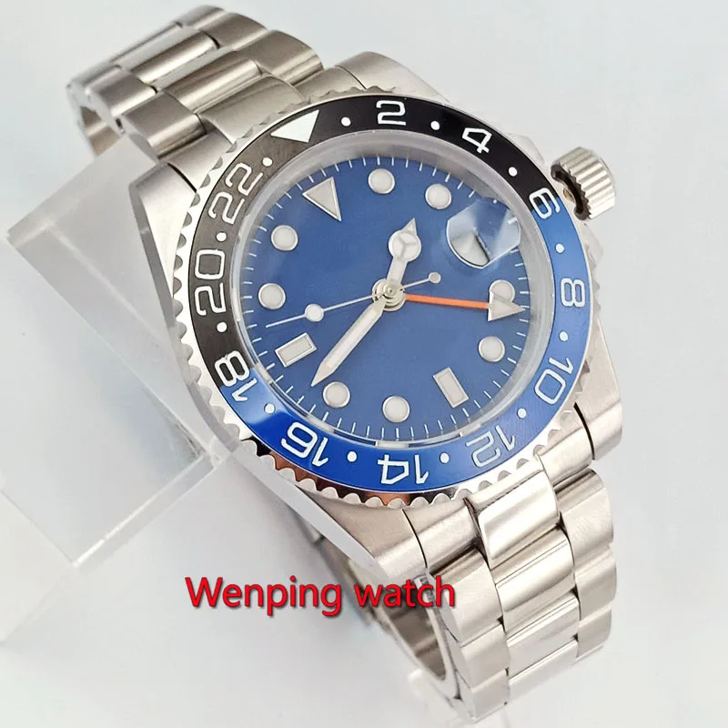 

40mm Bliger Date Blue Sterile Dial GMT Automatic Steel Case Men's Casual Wristwatches W2677
