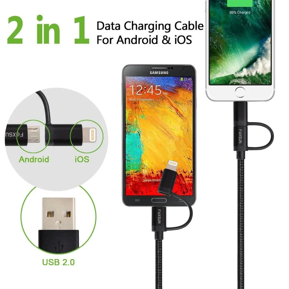 2-في-1 ل البرق و مايكرو USB إلى USB مزامنة البيانات تهمة كابل ، ل فون X/8/8 زائد/7/7 زائد ، باد ، سامسونج ، نيكزس ، LG ، HTC