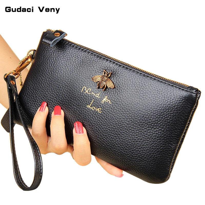 

2019 new fashion wallet ladies soft leather zipper wallet bee embroidery cute ID card handbag Hoder wallet card