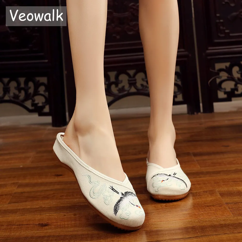 Veowalk/женские холщовые Тапочки с вышивкой журавлей Удобные льняные хлопковые