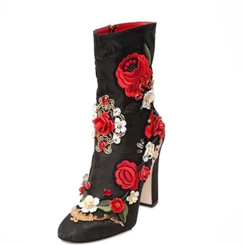 

Fashion brand new women genuine leather high heel boots retro ankle boots 3D rhinestone flower short bootas women stage shoes