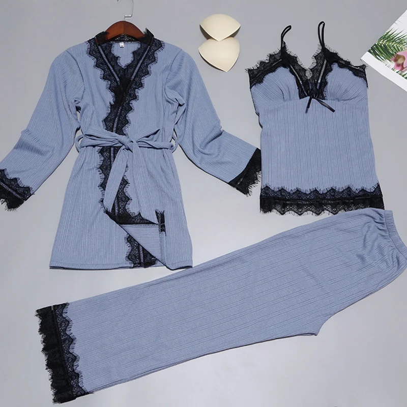 Women Cotton Robe Pajama Set 3 Pieces Lace Pijama Feminino Sexy Pyjama ...