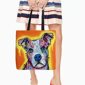 

Cute Dogs Two Sides Pit Bull Printing Tote Bags Funny Single Shoulder Handlebag White Art Canvas Portrait Novelty For Pet Lover