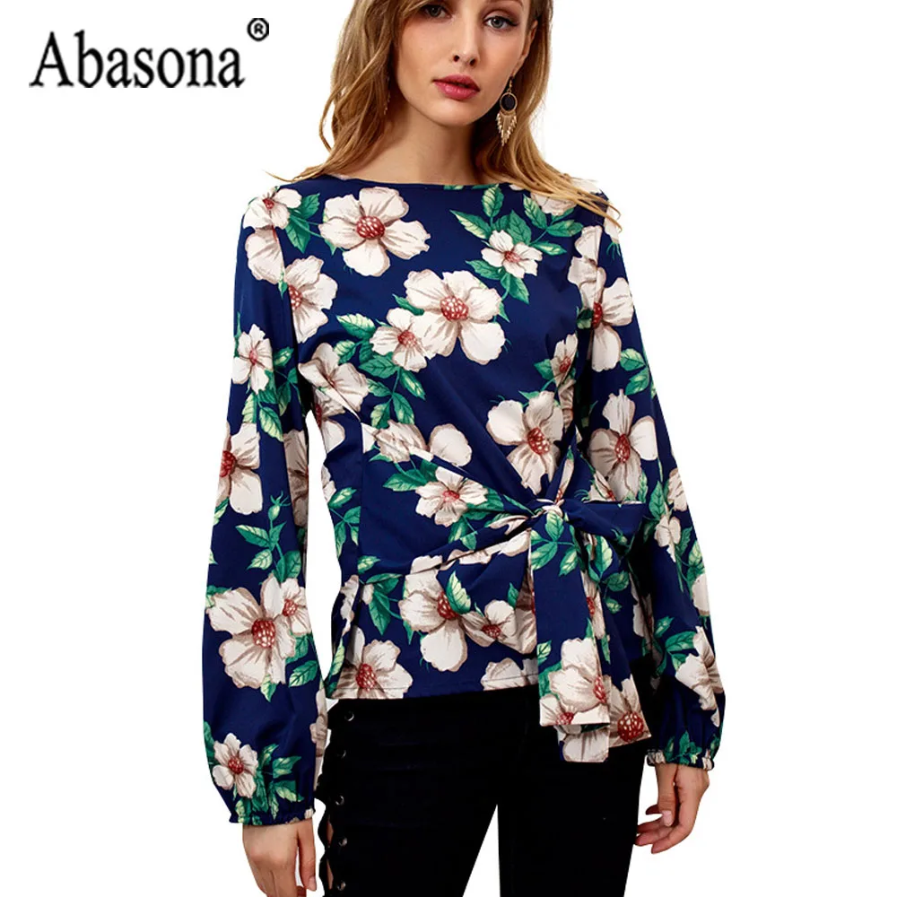 Abasona с цветочным принтом Для женщин рубашки Осень Повседневное повязка бант Топы Для женщин с длинными рукавами и круглым вырезом рубашка