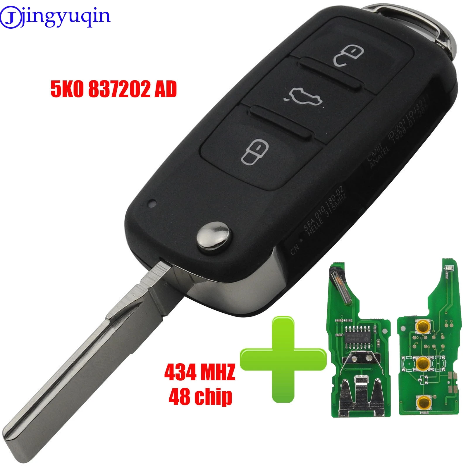 

jingyuqin 3B Remote Car Key Control for VW/VOLKSWAGEN Caddy Eos Golf Jetta Beetle Polo Up Tiguan Touran 5K0837202AD 434mhz ID46