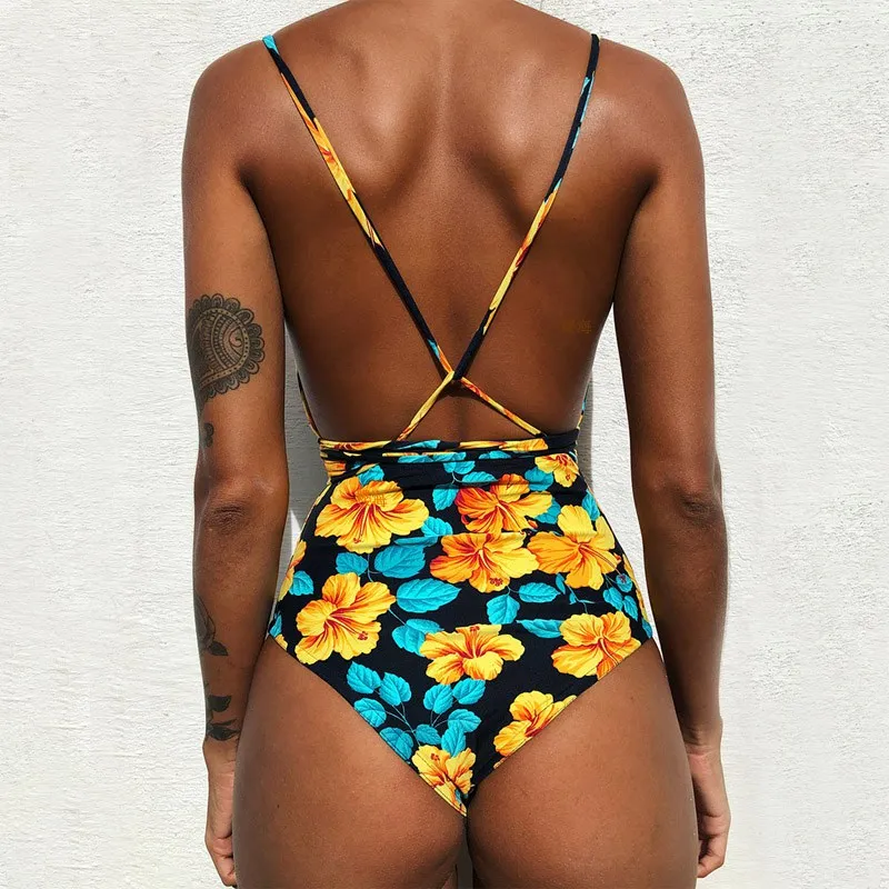 Sexy One Piece Swimsuit Female Deep V Backless Brazilian Monokini Swimwear Women Bathing Suit Swimming sunflower swimsuit