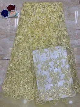 

Free shipping (5yards/pc) high quality Yellow African net lace fabric shining sequins lace fabric for party dress(FJ-19-2
