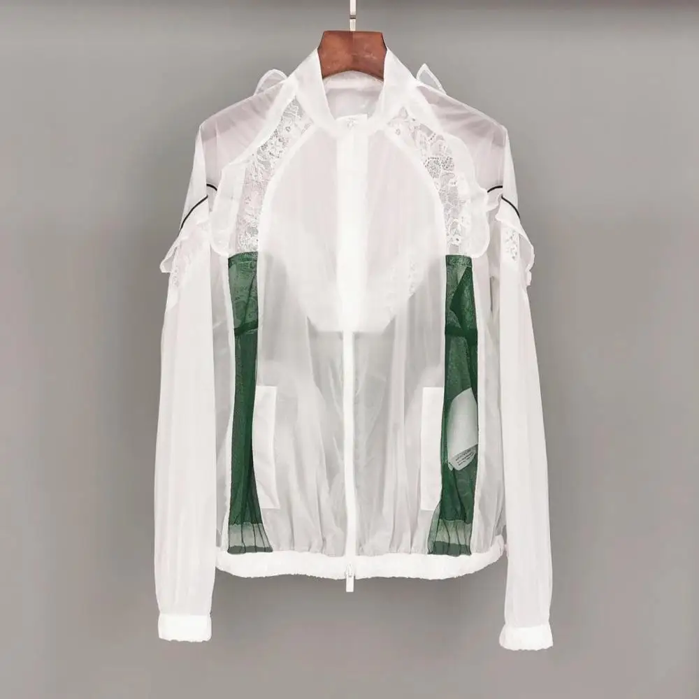 

2019 new ladies high quality fashion long sleeve stand collar stitching lace coat 0709