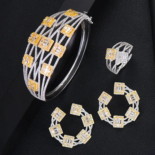 GODKI большие роскошные 3 шт. серьги браслет кольцо наборы для женщин Свадебные с кубическим Цирконом кристалл обручальные Дубай Свадебные Ювелирные наборы - Окраска металла: 2 Tone