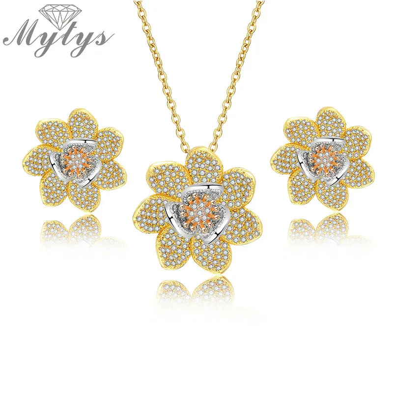 

Mytys Full Mirco Cubic Zircon Pave Setting Jewelry Sets Flower Pendant Necklace Stud Earrings Sets for Women 3 Tone Gold Sets