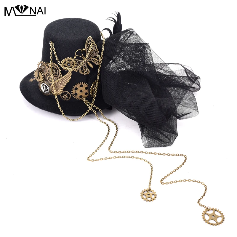 Продажа Мужская шляпа федора стимпанк чародей Мини Top Hat зажим для волос в стиле панк, готика Шестерни крылья часы бабочка украшения головной убор