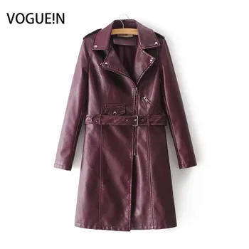 

VOGUEIN 2018 New Womens Fashion Faux Leather Jackets Long Coat Outerwear Coat with Belt 4 Colors Wholesale