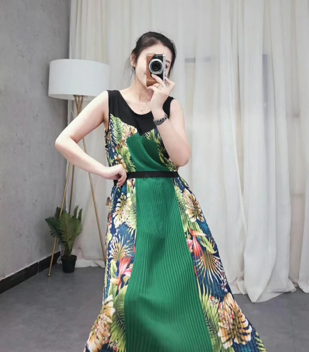Miyake fold o-образным вырезом печати платье без рукавов A-Line платье доступно